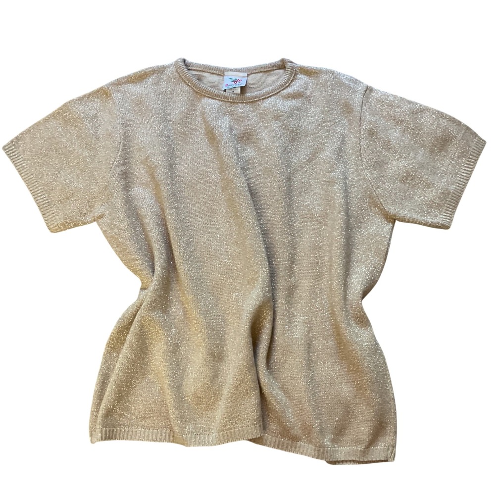 NutCracker Plus Size 1X Gold Metallic Shimmer Short Sleeve Knit Sweater Top